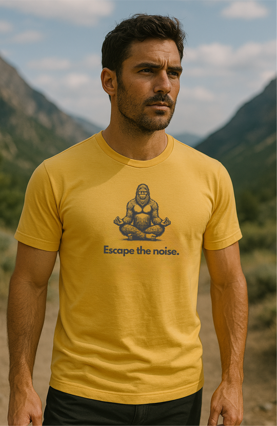 Man standing confidently on a trail surrounded by rugged mountain terrain, wearing a golden yellow t-shirt. The shirt displays an illustration of a peaceful, meditating Bigfoot with the phrase “Escape the noise.” underneath. The scene evokes tranquility and solitude in nature.