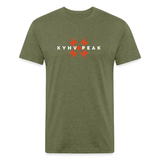 heather military green t-shirt featuring a bold "KYHV PEAK" graphic with orange geometric elements, perfect for those who love mountain-inspired designs