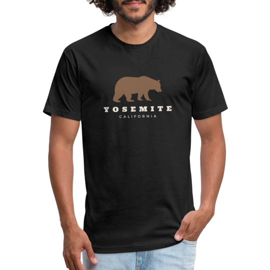 Black t-shirt featuring a brown bear graphic and the words "YOSEMITE CALIFORNIA" in vintage-style font, perfect for outdoor adventures in Yosemite National Park