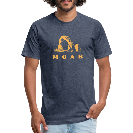 Heather Navy shirt showcasing a golden yellow design of delicate arch and the word "MOAB" beneath it, perfect for those who enjoy outdoor adventures in Utah's striking landscapes