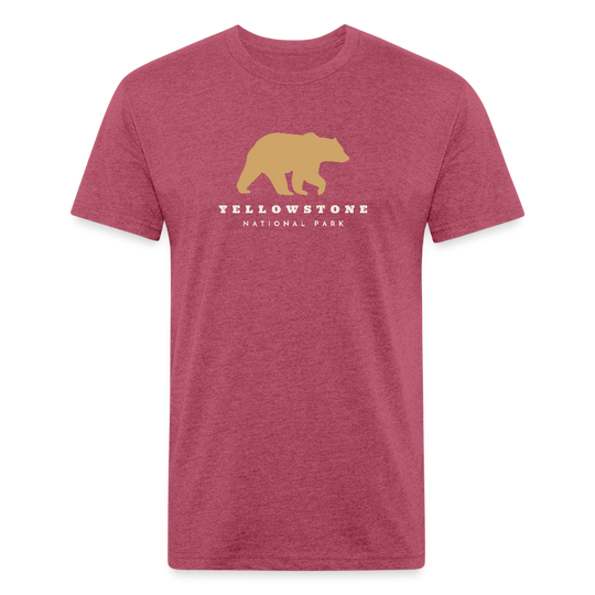 heather burgundy t-shirt featuring a gold bear graphic and the words "YELLOWSTONE NATIONAL PARK," perfect for visitors and explorers of Yellowstone’s iconic landscapes