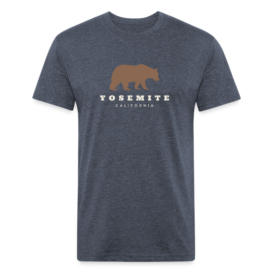 heather navy t-shirt featuring a brown bear graphic and the words "YOSEMITE CALIFORNIA" in vintage-style font, perfect for outdoor adventures in Yosemite National Park