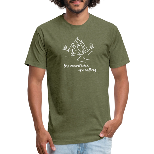 heather military green t-shirt featuring a hand-drawn mountain scene with the phrase "the mountains are calling" in white, perfect for outdoor adventurers and nature lovers