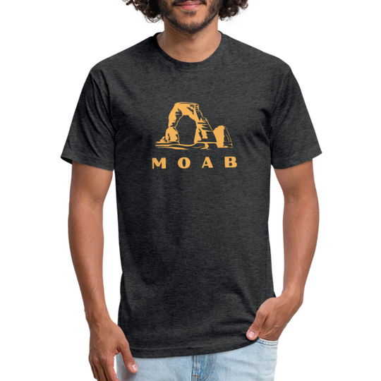heather black shirt showcasing a golden yellow design of delicate arch and the word "MOAB" beneath it, perfect for those who enjoy outdoor adventures in Utah's striking landscapes