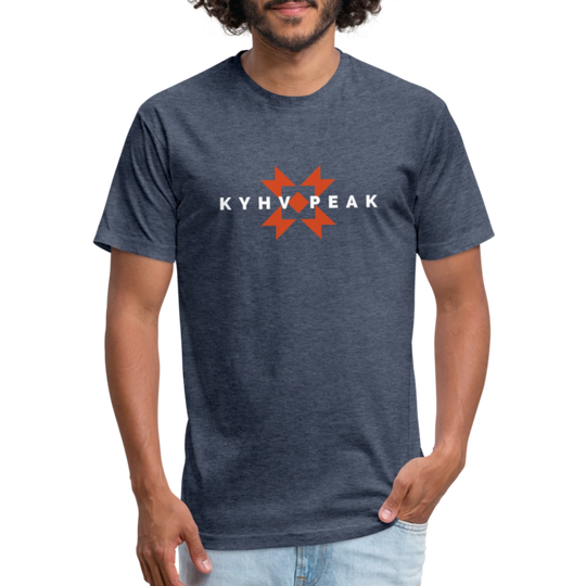 Heather Navy t-shirt featuring a bold "KYHV PEAK" graphic with orange geometric elements, perfect for those who love mountain-inspired designs