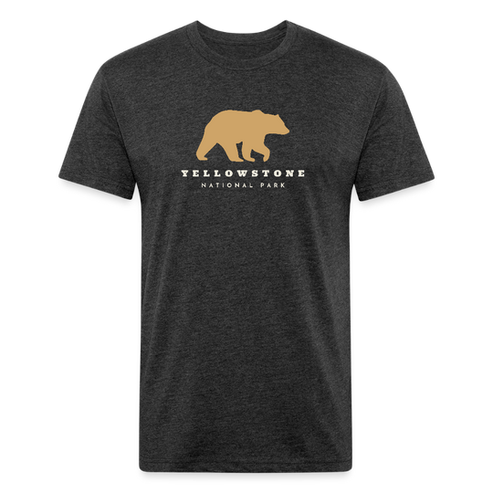heather black t-shirt featuring a gold bear graphic and the words "YELLOWSTONE NATIONAL PARK," perfect for visitors and explorers of Yellowstone’s iconic landscapes