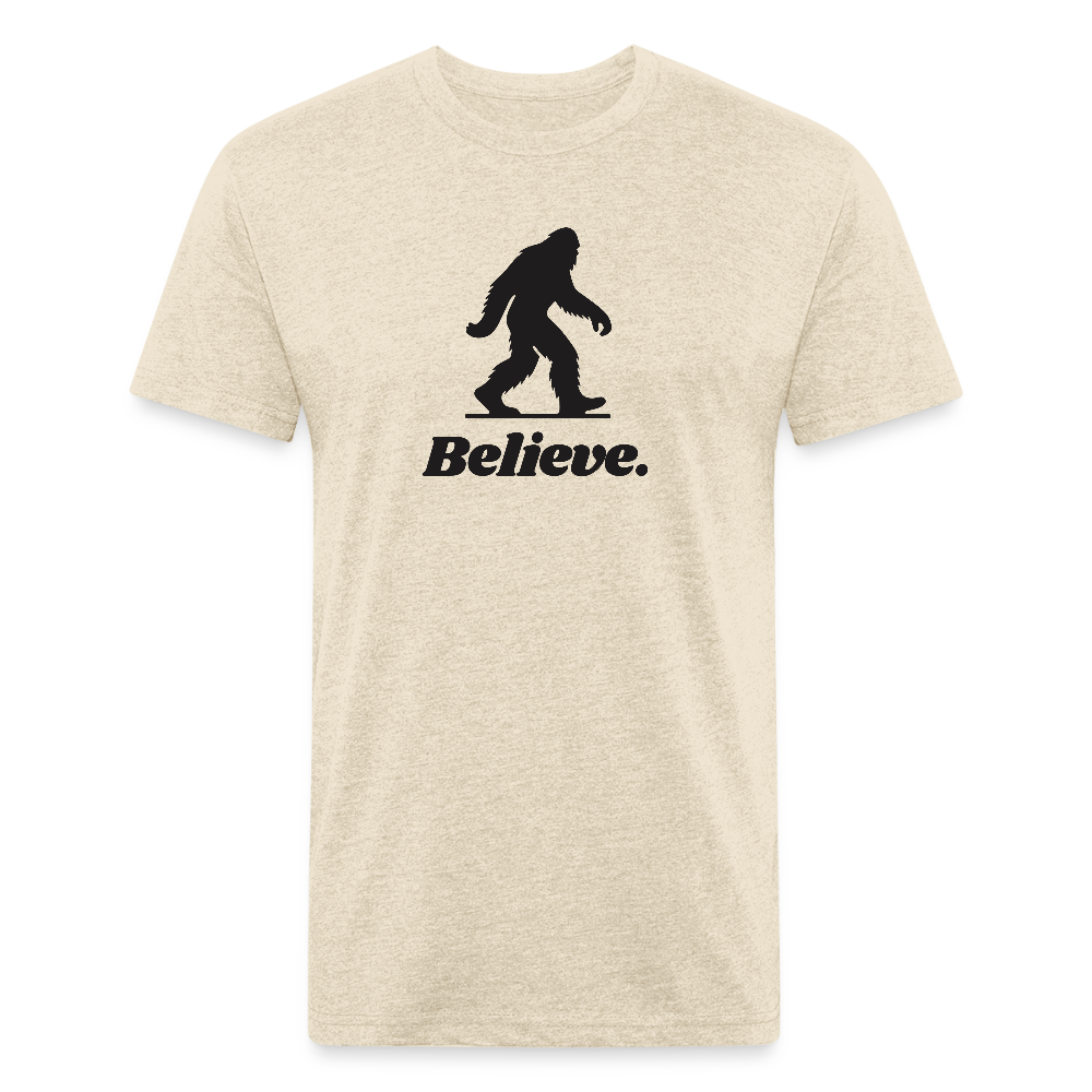 Heather cream “Believe” Sasquatch t-shirt by Timpanogos Hiking Co., unisex outdoor tee with a bold black Bigfoot graphic — perfect for trail lovers and mystery seekers.