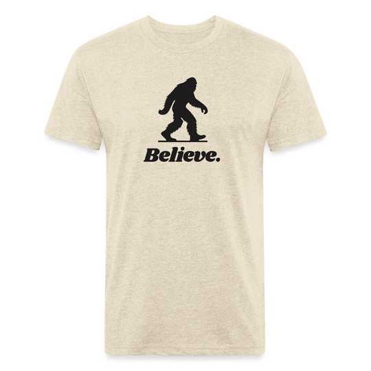 Heather cream “Believe” Sasquatch t-shirt by Timpanogos Hiking Co., unisex outdoor tee with a bold black Bigfoot graphic — perfect for trail lovers and mystery seekers.