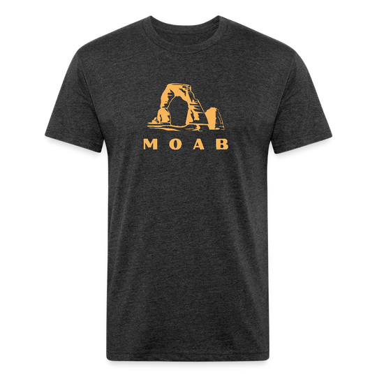 heather black shirt showcasing a golden yellow design of delicate arch and the word "MOAB" beneath it, perfect for those who enjoy outdoor adventures in Utah's striking landscapes