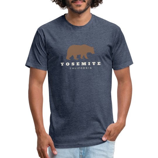 heather navy t-shirt featuring a brown bear graphic and the words "YOSEMITE CALIFORNIA" in vintage-style font, perfect for outdoor adventures in Yosemite National Park