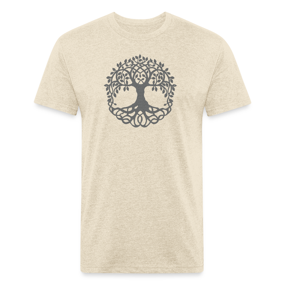 heather cream t-shirt featuring a detailed, circular tree design in gray, perfect for nature lovers and those who appreciate the connection between life and the earth