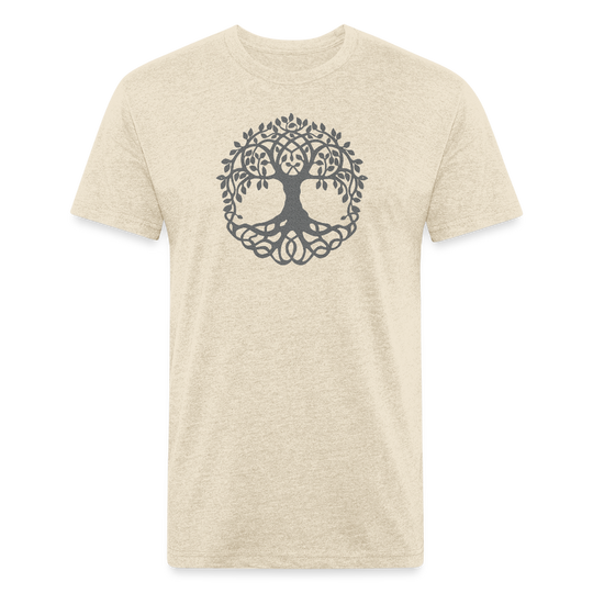 heather cream t-shirt featuring a detailed, circular tree design in gray, perfect for nature lovers and those who appreciate the connection between life and the earth