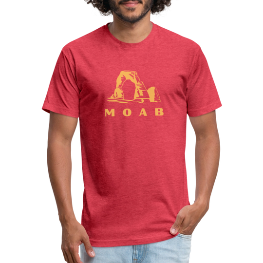 heather red shirt showcasing a golden yellow design of delicate arch and the word "MOAB" beneath it, perfect for those who enjoy outdoor adventures in Utah's striking landscapes