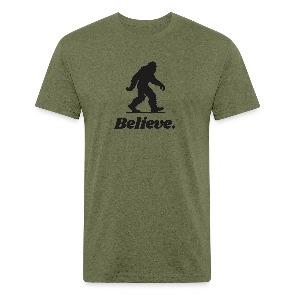 Heather olive “Believe” Sasquatch t-shirt by Timpanogos Hiking Co., unisex graphic tee with a bold Bigfoot design — perfect for hikers, adventurers, and cryptid fans alike.