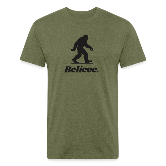 Heather olive “Believe” Sasquatch t-shirt by Timpanogos Hiking Co., unisex graphic tee with a bold Bigfoot design — perfect for hikers, adventurers, and cryptid fans alike.