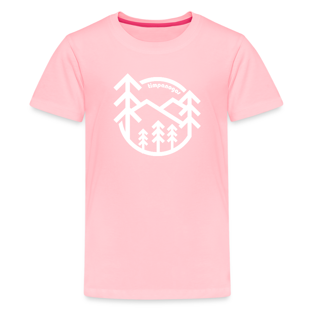 pink youth t-shirt featuring a bold white graphic of pine trees and mountain peaks with the word "Timpanogos" curved at the top. The design is enclosed in a circular frame, creating a clean, outdoorsy look.