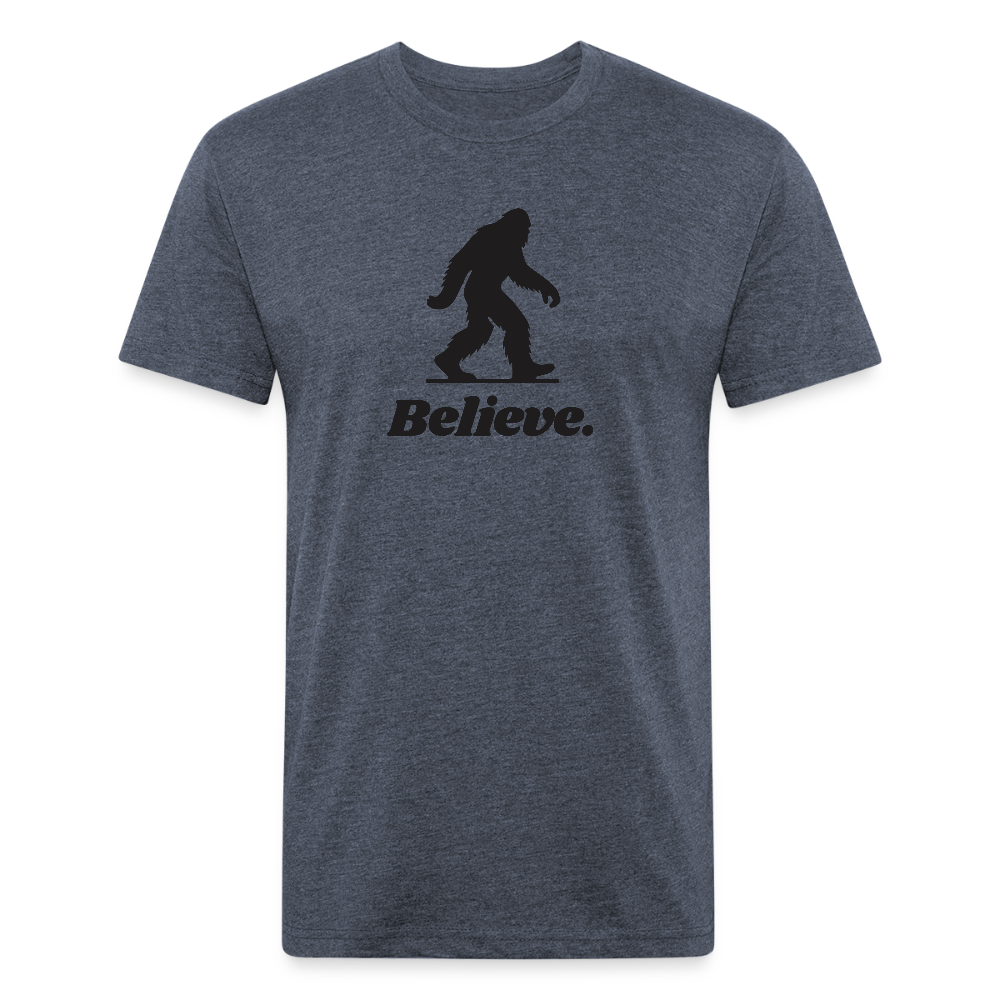 Heather navy “Believe” Sasquatch t-shirt by Timpanogos Hiking Co., unisex graphic tee designed for adventurers, cryptid hunters, and lovers of mountain legends.