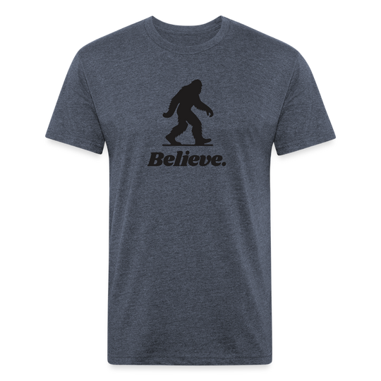 Heather navy “Believe” Sasquatch t-shirt by Timpanogos Hiking Co., unisex graphic tee designed for adventurers, cryptid hunters, and lovers of mountain legends.