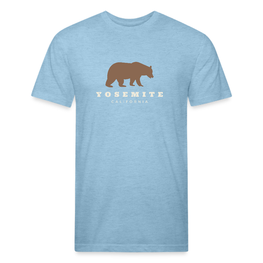 Heather Blue t-shirt featuring a brown bear graphic and the words "YOSEMITE CALIFORNIA" in vintage-style font, perfect for outdoor adventures in Yosemite National Park
