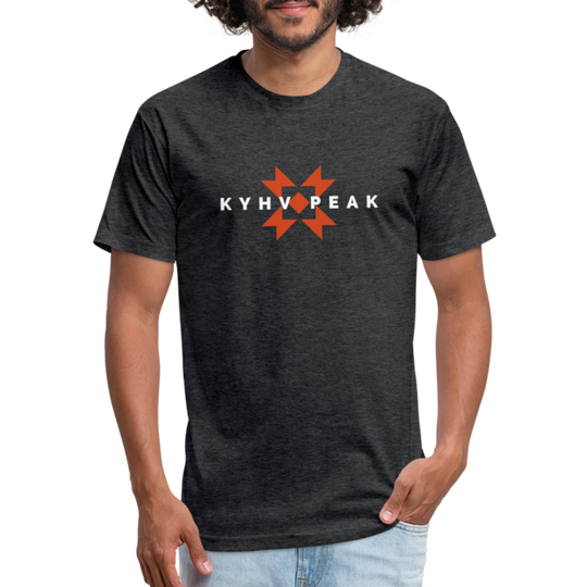 heather black t-shirt featuring a bold "KYHV PEAK" graphic with orange geometric elements, perfect for those who love mountain-inspired designs