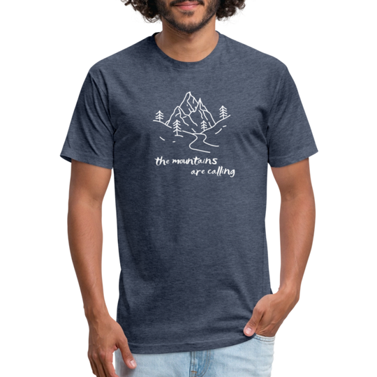 Heather Navy t-shirt featuring a hand-drawn mountain scene with the phrase "the mountains are calling" in white, perfect for outdoor adventurers and nature lovers