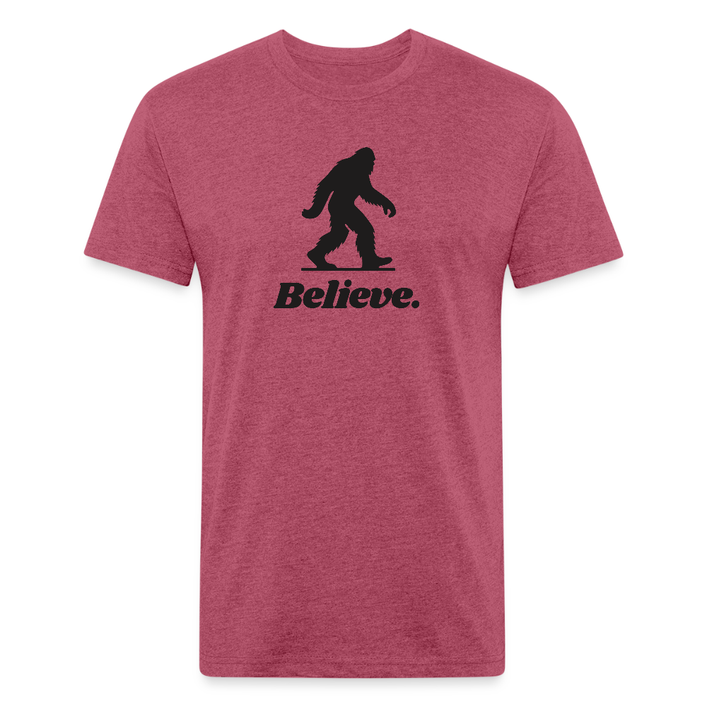Heather maroon “Believe” Sasquatch t-shirt by Timpanogos Hiking Co., bold unisex graphic tee for trail explorers, Bigfoot fans, and lovers of wild adventure.