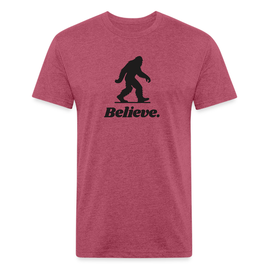 Heather maroon “Believe” Sasquatch t-shirt by Timpanogos Hiking Co., bold unisex graphic tee for trail explorers, Bigfoot fans, and lovers of wild adventure.