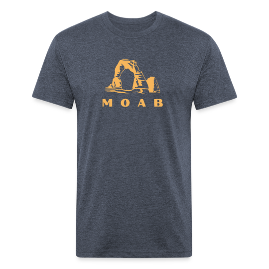 Heather Navy shirt showcasing a golden yellow design of delicate arch and the word "MOAB" beneath it, perfect for those who enjoy outdoor adventures in Utah's striking landscapes