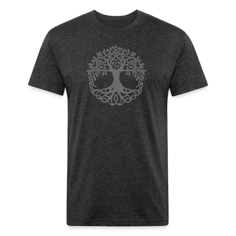 heather black t-shirt featuring a detailed, circular tree design in gray, perfect for nature lovers and those who appreciate the connection between life and the earth