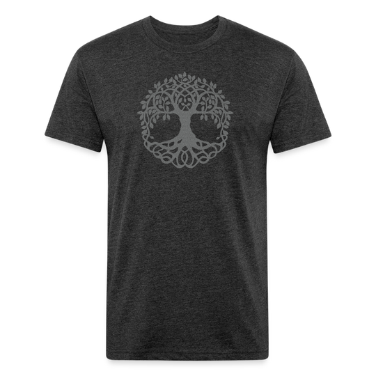 heather black t-shirt featuring a detailed, circular tree design in gray, perfect for nature lovers and those who appreciate the connection between life and the earth