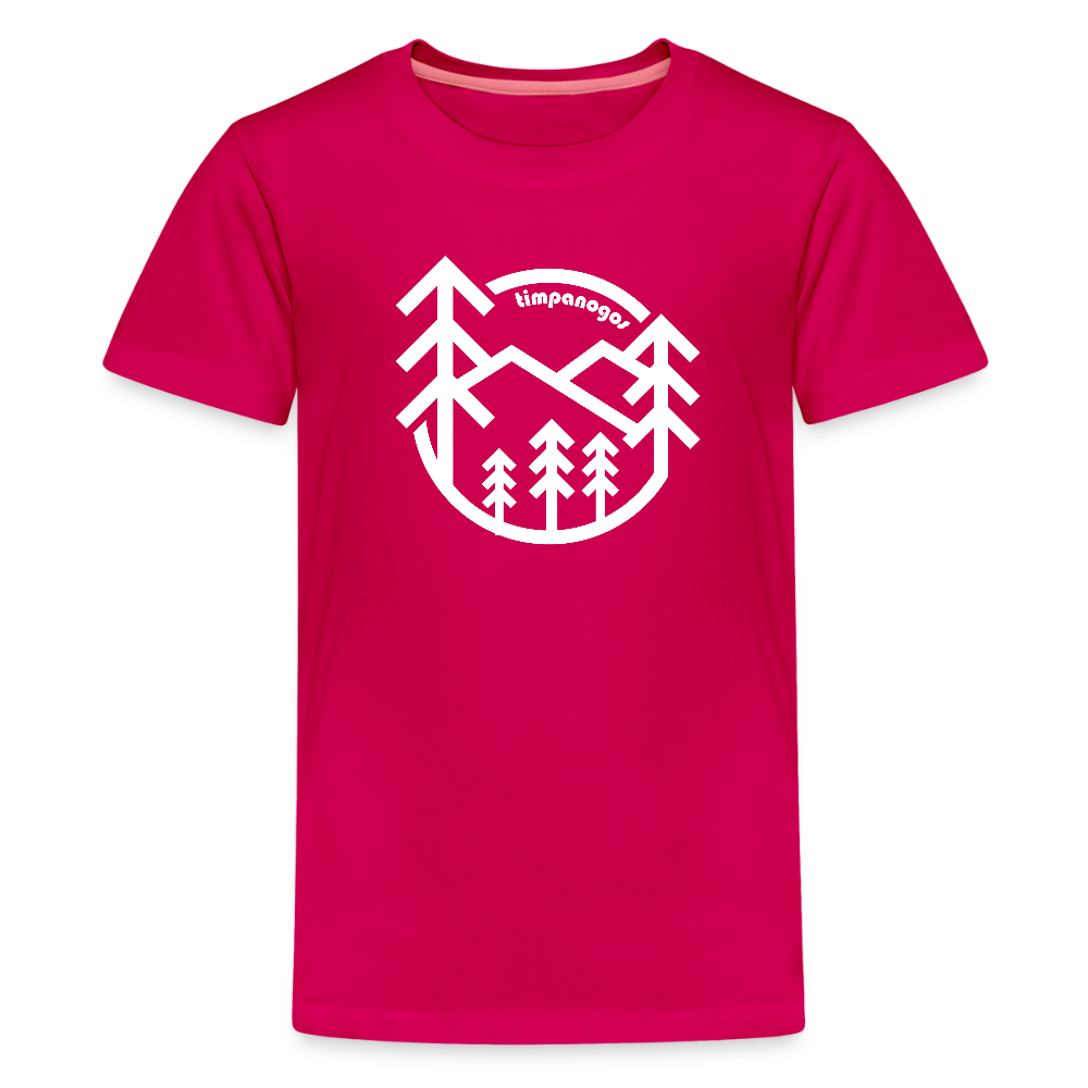 dark pink youth t-shirt featuring a bold white graphic of pine trees and mountain peaks with the word "Timpanogos" curved at the top. The design is enclosed in a circular frame, creating a clean, outdoorsy look.
