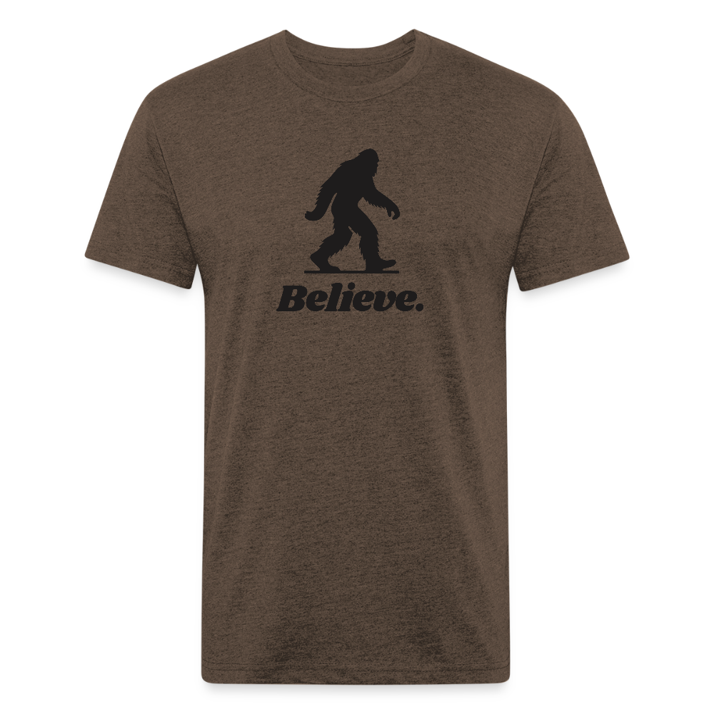 Heather brown “Believe” Sasquatch t-shirt by Timpanogos Hiking Co., earthy unisex graphic tee featuring a bold black Bigfoot silhouette — made for mystery lovers and outdoor roamers.