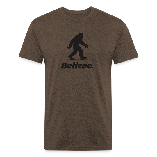Heather brown “Believe” Sasquatch t-shirt by Timpanogos Hiking Co., earthy unisex graphic tee featuring a bold black Bigfoot silhouette — made for mystery lovers and outdoor roamers.