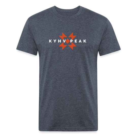 heather navy t-shirt featuring a bold "KYHV PEAK" graphic with orange geometric elements, perfect for those who love mountain-inspired designs