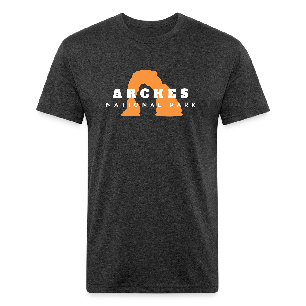heather black t-shirt featuring a bold orange graphic of Delicate Arch, with "Arches National Park" text in white for outdoor adventure lovers, and those who love national parks.