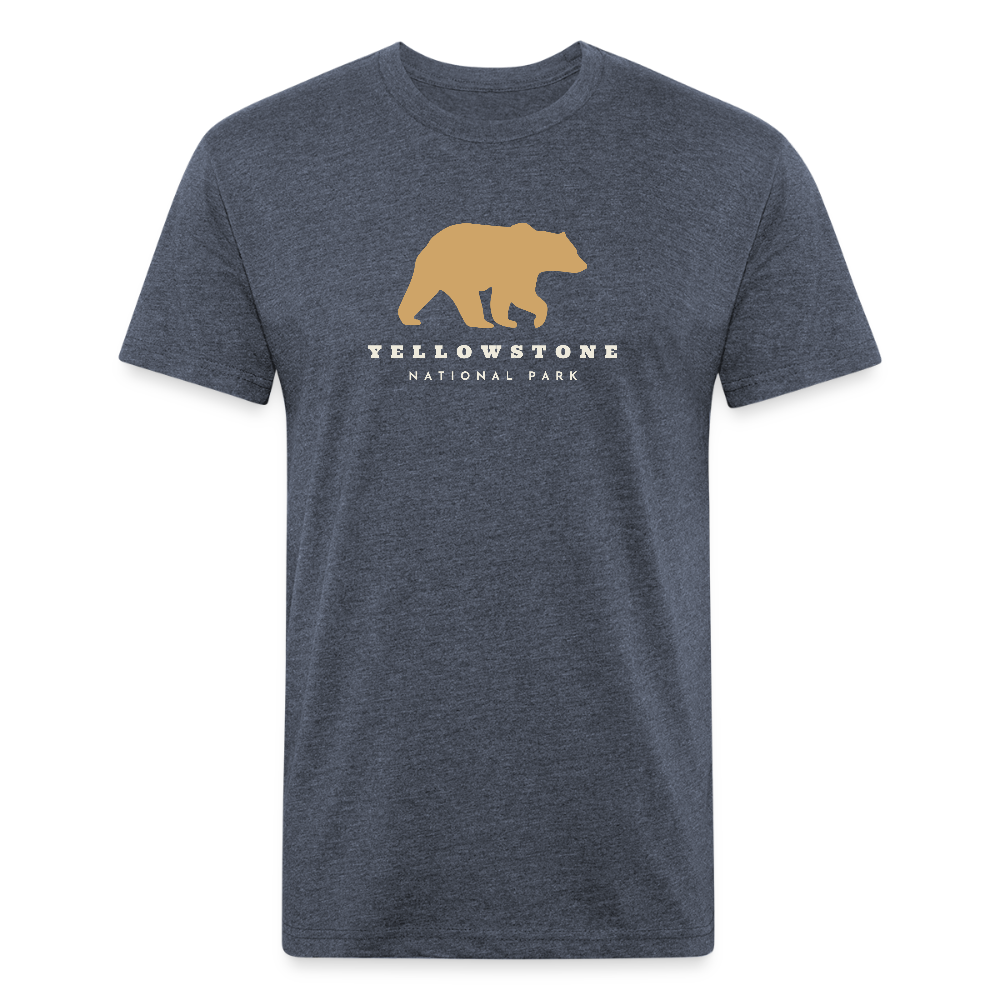 Heather Navy t-shirt featuring a gold bear graphic and the words "YELLOWSTONE NATIONAL PARK," perfect for visitors and explorers of Yellowstone’s iconic landscapes