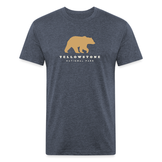 Heather Navy t-shirt featuring a gold bear graphic and the words "YELLOWSTONE NATIONAL PARK," perfect for visitors and explorers of Yellowstone’s iconic landscapes