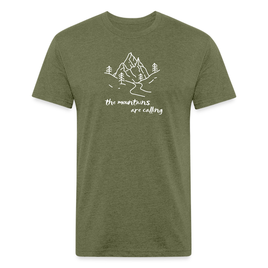 Heather Military Green t-shirt featuring a hand-drawn mountain graphic with the phrase "the mountains are calling" in white, perfect for outdoor explorers