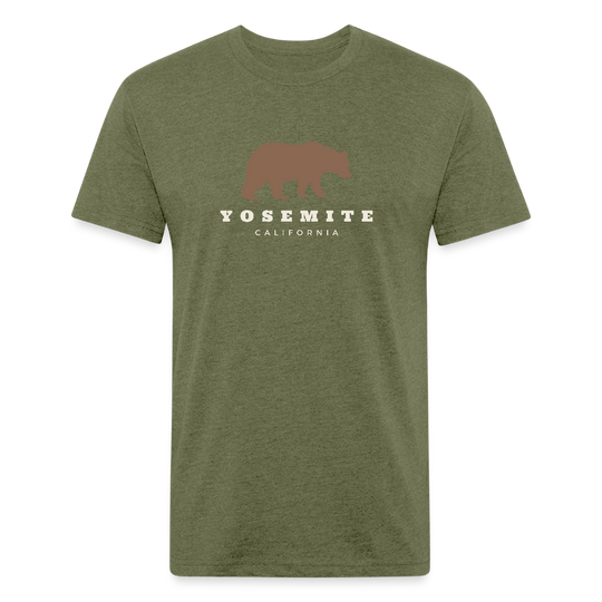 Heather Military Green t-shirt with a Yosemite bear design, accompanied by "Yosemite California" text