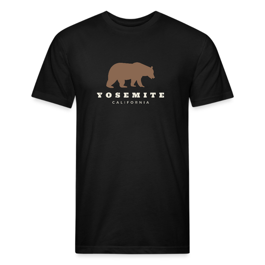 Black t-shirt featuring a brown bear graphic and the words "YOSEMITE CALIFORNIA" in vintage-style font, perfect for outdoor adventures in Yosemite National Park