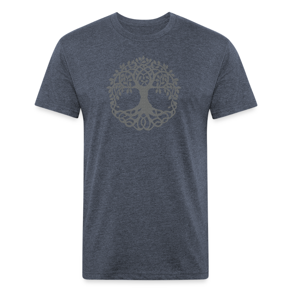 heather navy T-shirt featuring a detailed gray tree of life graphic with intertwined roots and branches, perfect for nature lovers and outdoor enthusiasts.