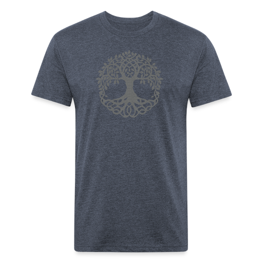 heather navy T-shirt featuring a detailed gray tree of life graphic with intertwined roots and branches, perfect for nature lovers and outdoor enthusiasts.