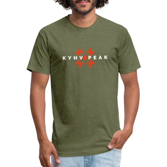 heather military green t-shirt featuring a bold "KYHV PEAK" graphic with orange geometric elements, perfect for those who love mountain-inspired designs