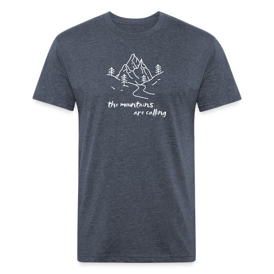 Heather Navy t-shirt featuring a hand-drawn mountain scene with the phrase "the mountains are calling" in white, perfect for outdoor adventurers and nature lovers