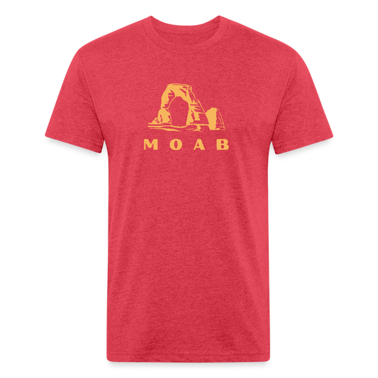 heather red shirt showcasing a golden yellow design of delicate arch and the word "MOAB" beneath it, perfect for those who enjoy outdoor adventures in Utah's striking landscapes