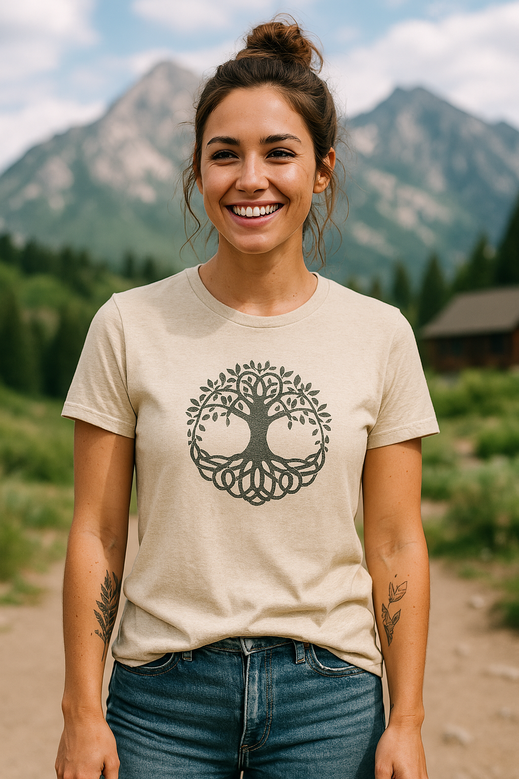 Woman wearing a natural cream Tree of Life graphic t-shirt from Timpanogos Hiking Co., styled in the Utah mountains — nature-inspired unisex apparel celebrating rooted living and outdoor beauty.