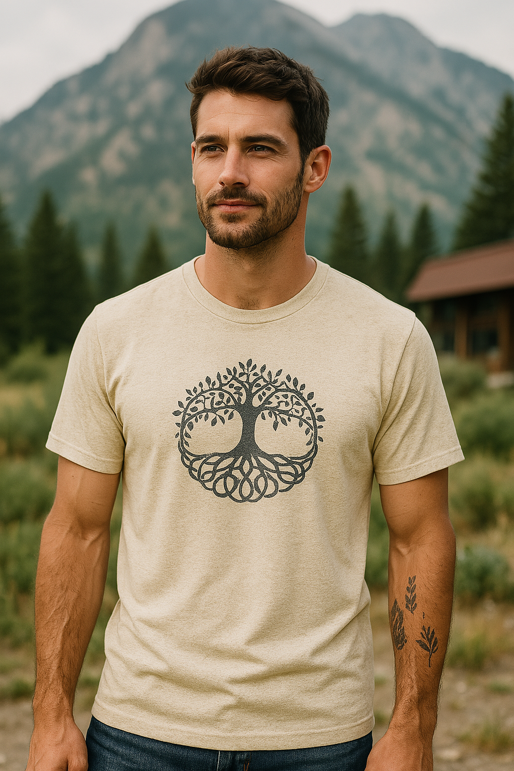 Man wearing a natural cream Tree of Life graphic t-shirt from Timpanogos Hiking Co., captured in a scenic Utah mountain setting — unisex nature-inspired apparel for outdoor explorers.