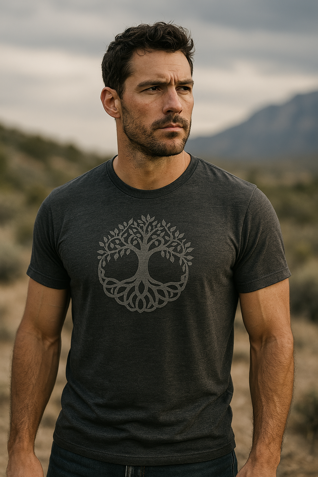 This photo features a man standing confidently in a rugged outdoor setting, wearing a charcoal gray t-shirt with a subtle, tonal Tree of Life design. The design is symmetrical and rooted, symbolizing strength, growth, and connection to nature—perfect for a brand emphasizing resilience and outdoor spirit.