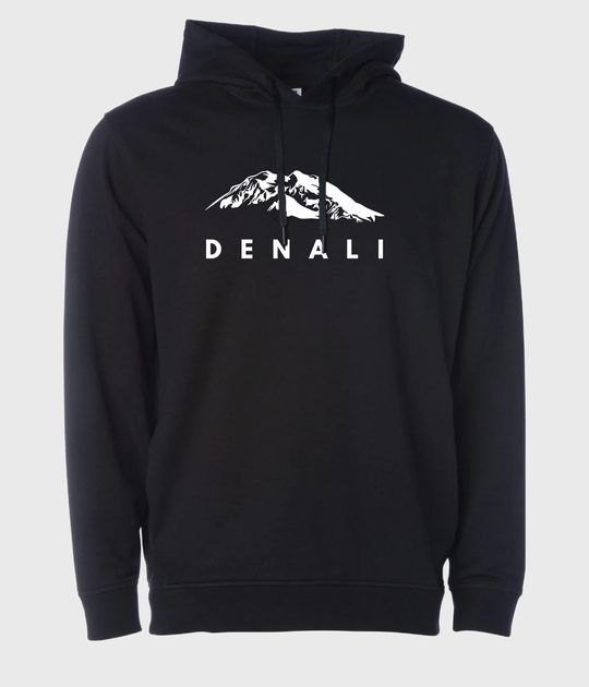 Black Denali hoodie by Timpanogos Hiking Co., featuring a striking white mountain silhouette and minimalist text — ultra-comfortable unisex pullover for outdoor adventure and mountain lovers.