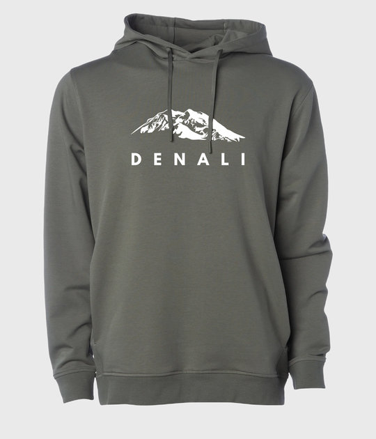 Olive green Denali hoodie by Timpanogos Hiking Co., featuring a bold white mountain graphic and minimalist text — cozy unisex pullover built for adventure and inspired by Alaska’s tallest peak.